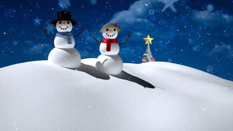 Snow-falling-over-christmas-tree,-snowwoman-and-snowman-on-winter-landscape-against-night-sky