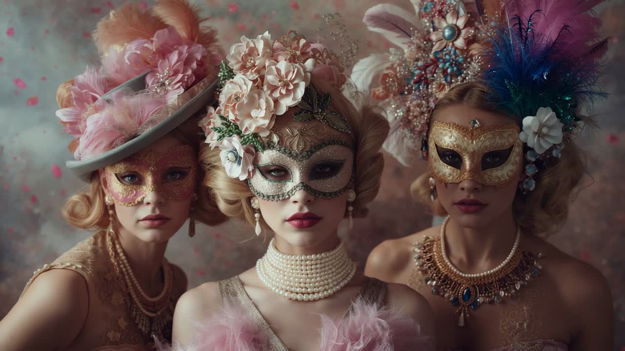 Drifting petals guiding three masked women aligning on pastel set as fourth masked woman entering