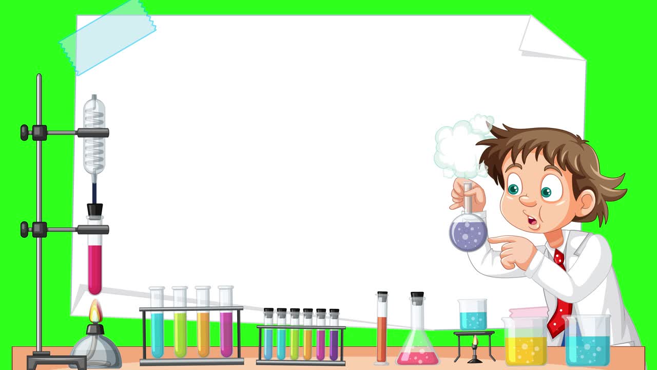 Cartoon boy in lab coat conducts chemistry experiment at a colorful science bench, with animated reactions and blank whiteboard on a green background