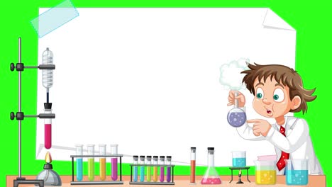 Cartoon boy in lab coat conducts chemistry experiment at a colorful science bench, with animated reactions and blank whiteboard on a green background