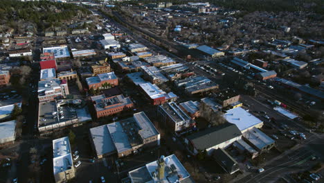 Drone-Shot-of-Flagstaff-Arizona-USA-City-Center-Buildings-and-Street-Traffic