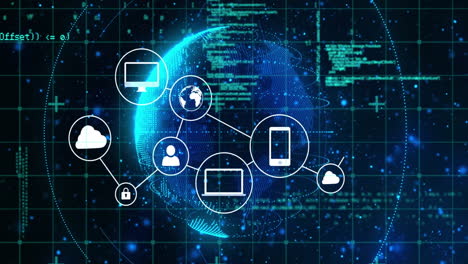 animation of network of connections with icons and globe over data processing