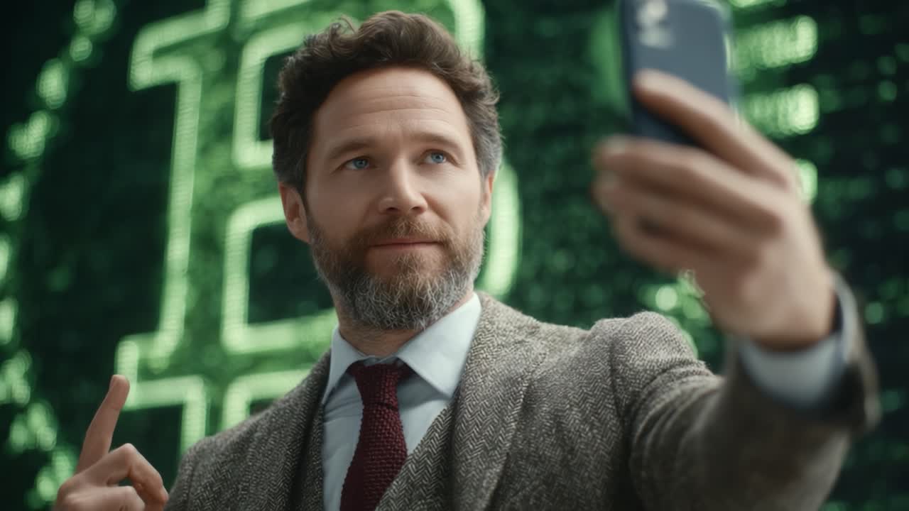 A confident man with a beard takes a selfie while standing before a digital backdrop featuring a prominent cryptocurrency symbol, symbolizing the intersection of technology and finance