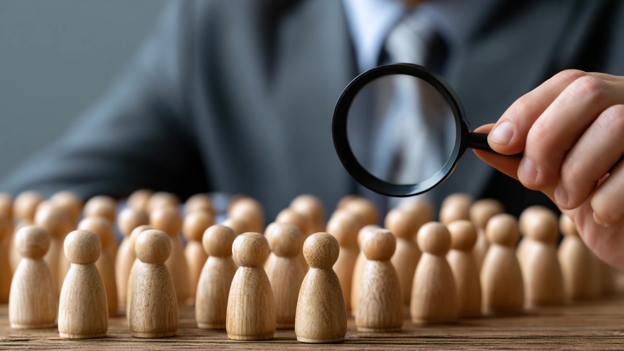 A Focus on Individuals: Examining a Group of Wooden Figurines with a Magnifying Glass, Representing Analysis, Selection, and Insight Into Human Connections