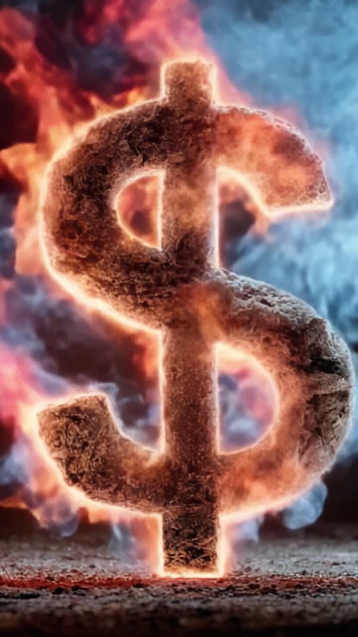 Fiamme e fumo dinamici che circondano un vivace simbolo del dollaro, catturando l'essenza della ricchezza e dell'energia in una straordinaria immagine.