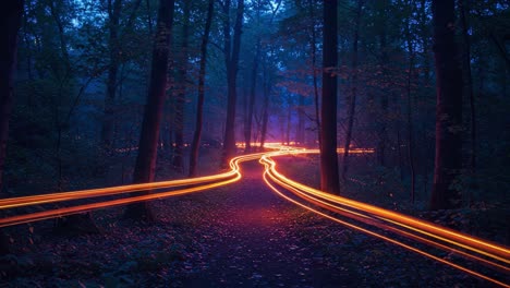 captivating trails of light in a misty forest: an enchanting journey through luminescent pathways surrounded by nature's serenity