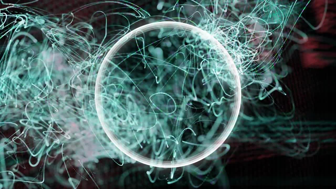 Animazione di onde e cerchio al neon su elaborazione dati su sfondo nero