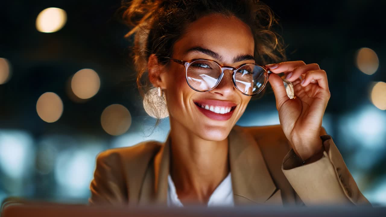 En strålende kvinde med briller smiler glad, mens hun sidder i et hyggeligt, blødt belyst miljø, der perfekt fanger essensen af positivitet og charme i en engagerende atmosfære.