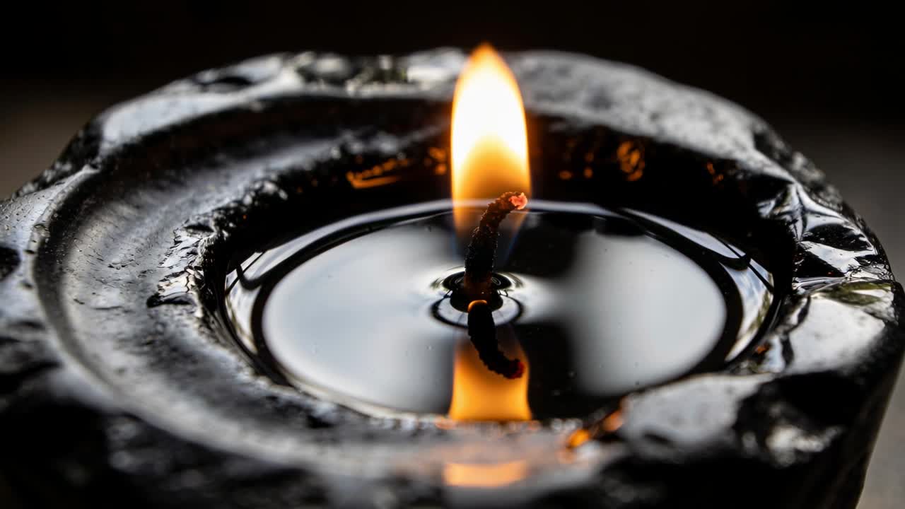 Lighting single wick starting taller flame in dark round holder, mirroring wax pool, rim sheen
