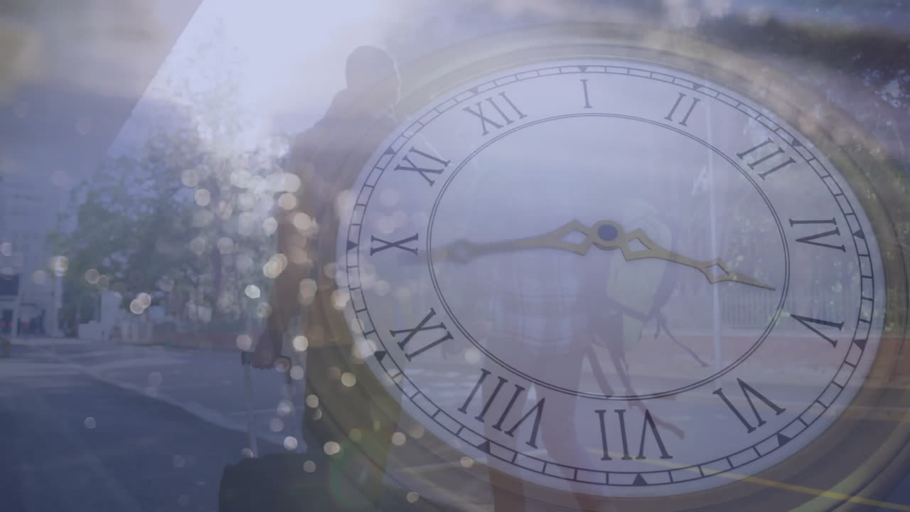 Animation of clock with Roman numerals overlaying silhouette of person with suitcase