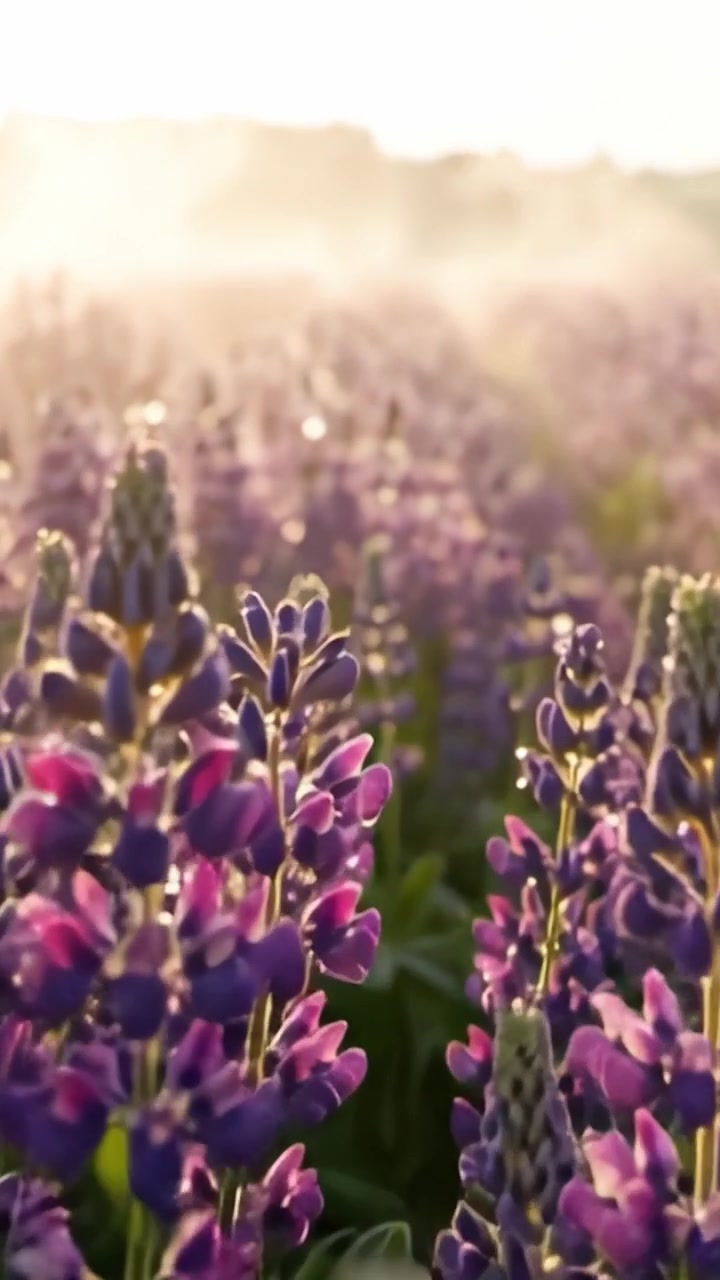 Un'alba serena su campi di lavanda: uno spettacolo mozzafiato della bellezza della natura con rigogliosi fiori viola bagnati dalla soffice luce del mattino