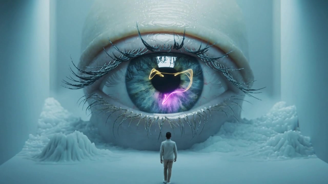 Entering solitary man walking toward massive eye in gallery, in pale suit, to study neon filaments