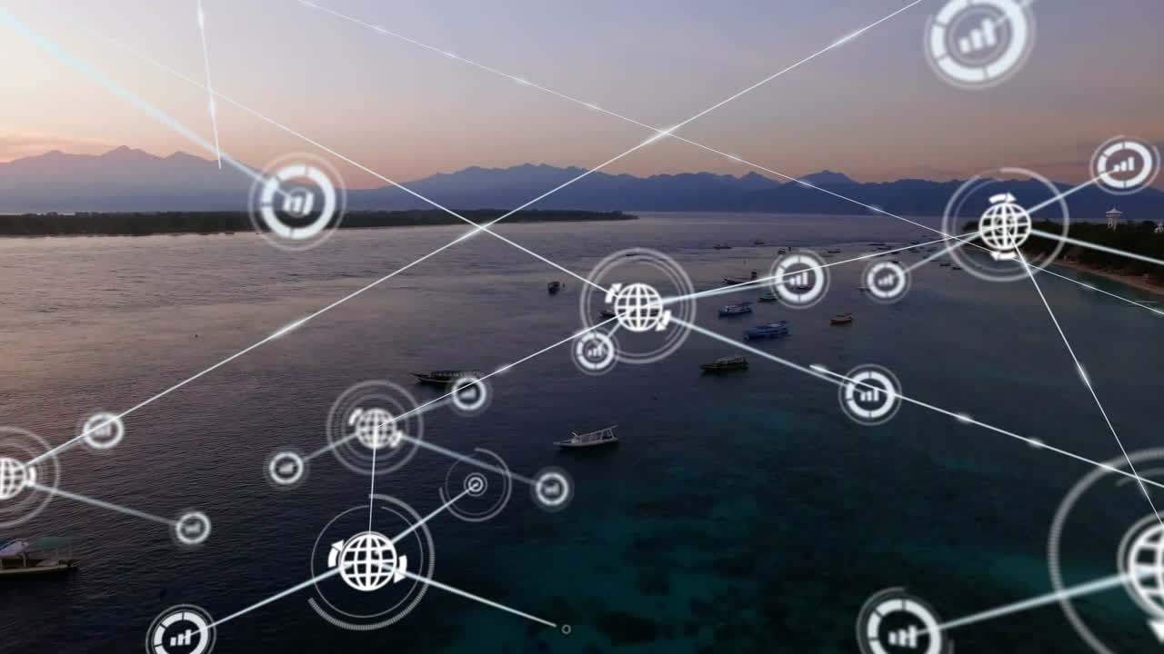 풍경 위의 지구 아이콘으로 연결된 네트워크의 애니메이션