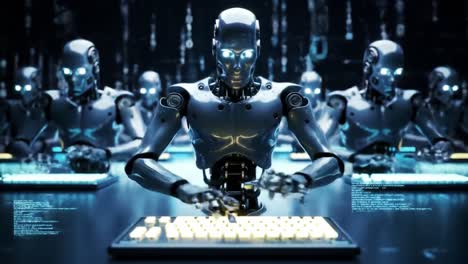 a futuristic scene of automated robots concentrating on their work, highlighting advanced technology and cybernetics in a digital environment