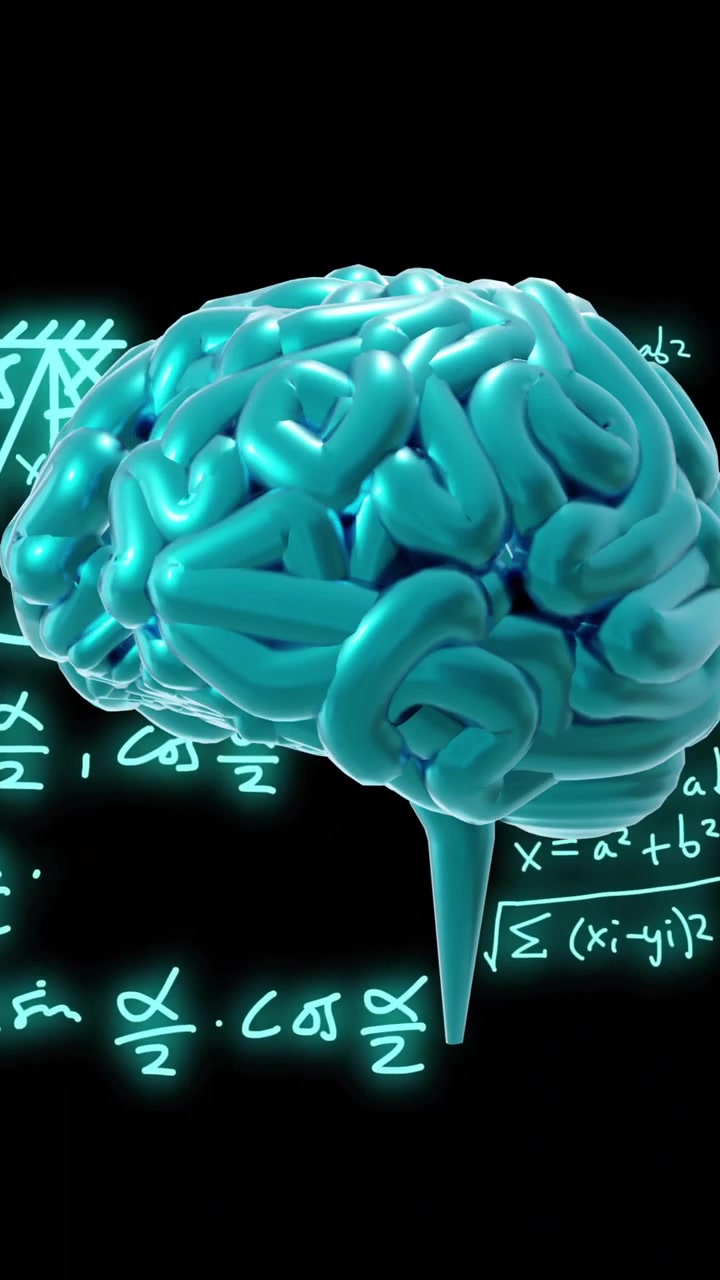 Animazione di un cervello rotante su equazioni e cifre matematiche