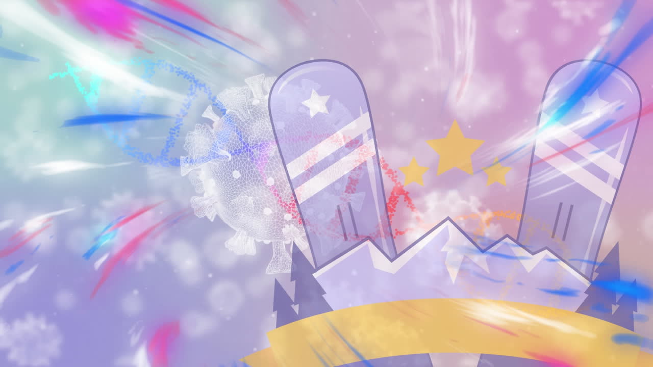 하락하는 코비드-19 세포에 대한 다채로운 그래픽의 애니메이션.