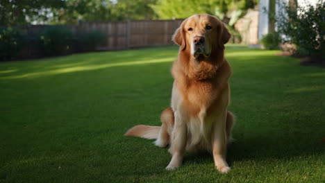 a golden retriever dog sitting on a green lawn