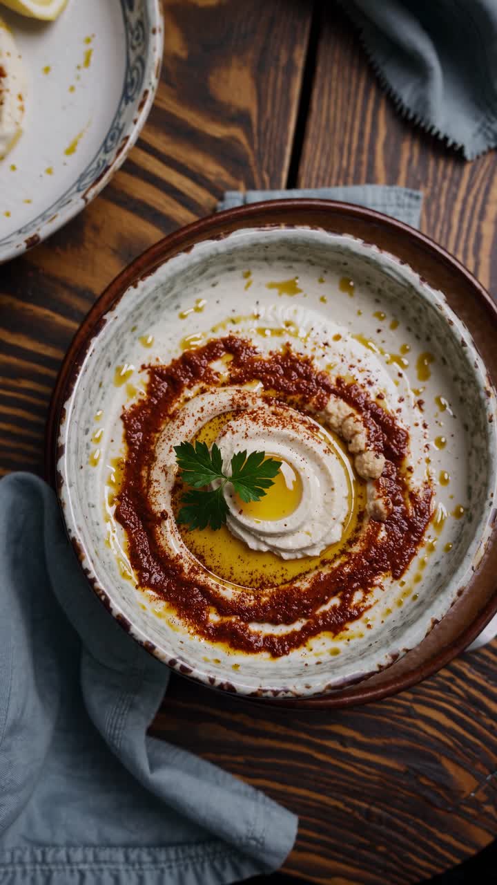 Vista dall'alto di un assortimento di mezze tradizionali mediorientali
