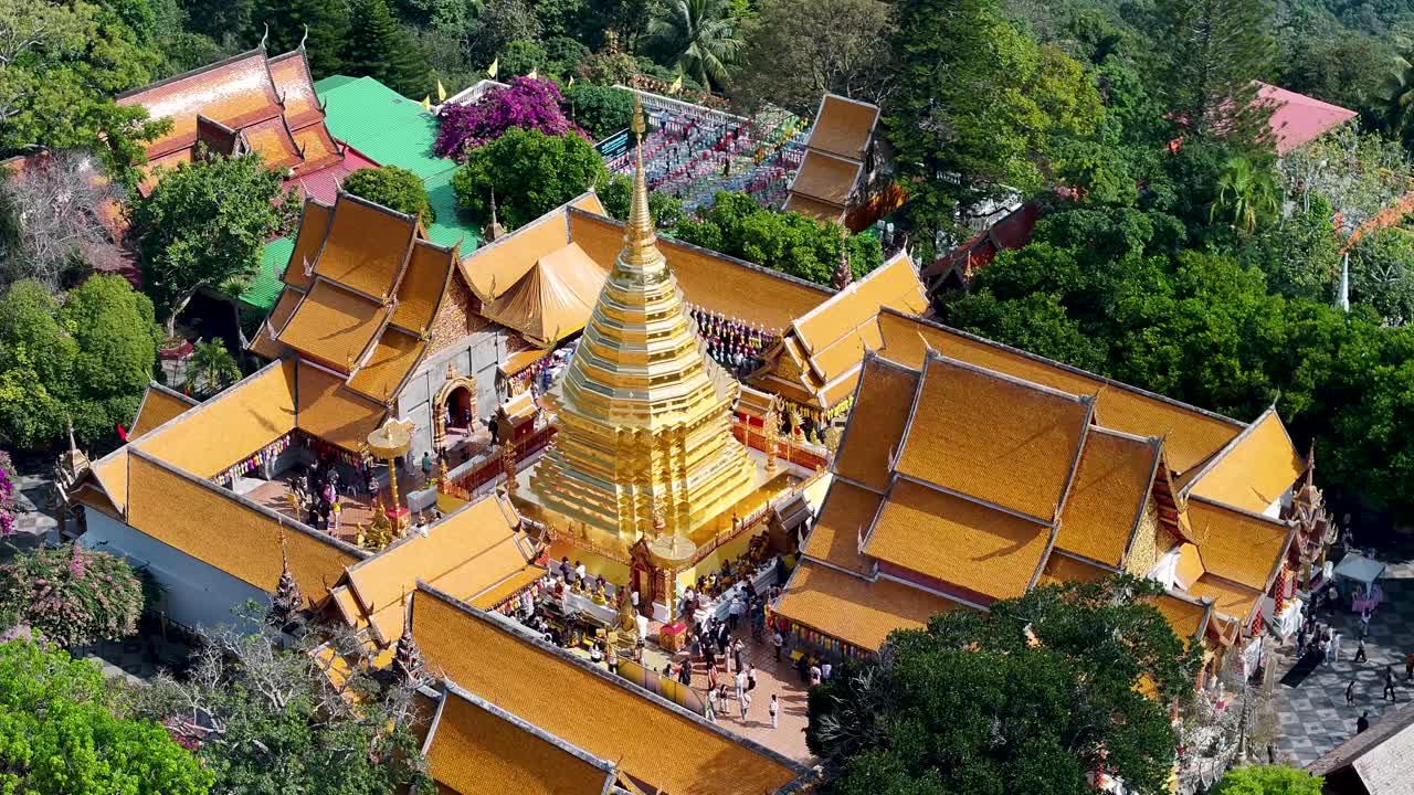 Wat Phra That Doi Suthep Buddhist Temple - Aerial close up crane. Traditional architecture. Chiang Mai