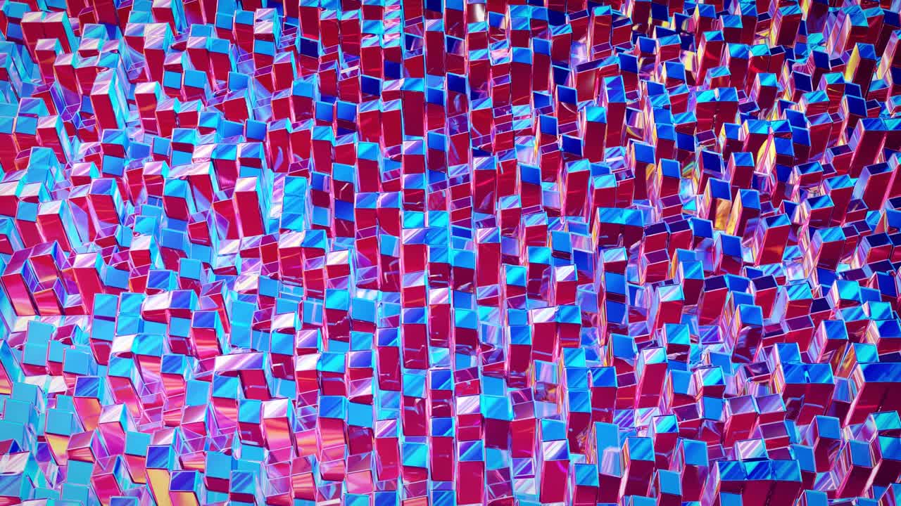 Looped abstract iridescent fluid background. Beautiful wavy glass surface of liquid with square pattern, gradient color and flow waves on it. Creative bright bg with soft smooth animation.