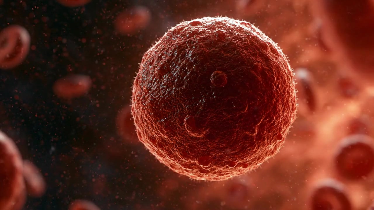 Single red biological cell floating through a dark microscopic environment