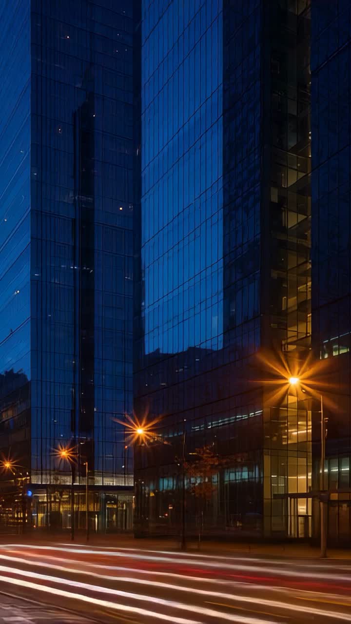 Vídeo vertical: Timelapse capturando a torre de vidro, o eixo iluminado e carros deixando rastros de luz no centro da cidade ao anoitecer