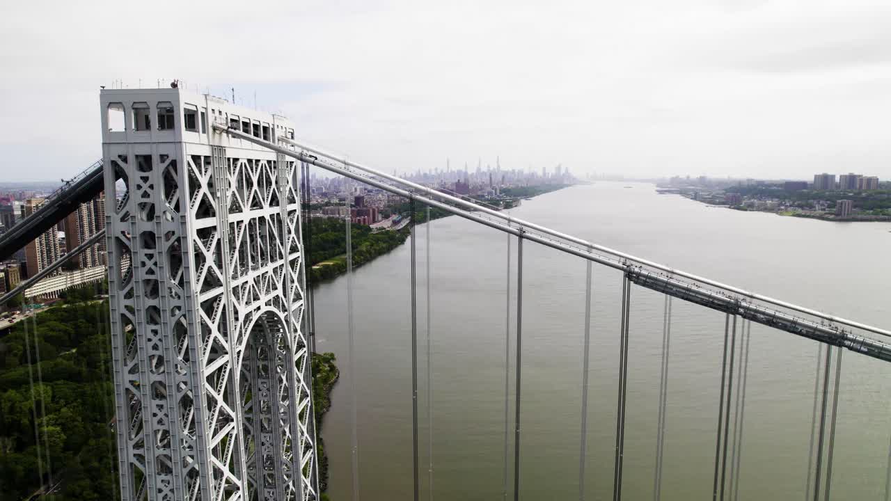 Pedestal drone shot of the George Washington Bridge, NYC