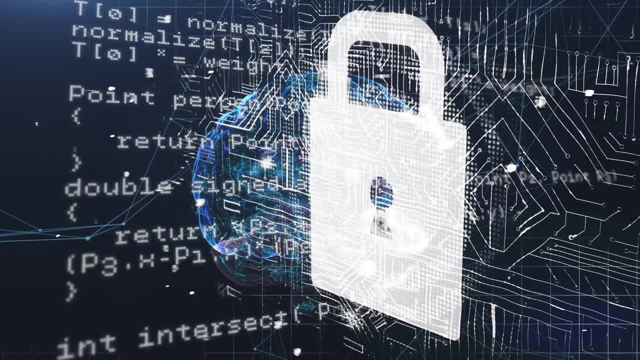 animación del procesamiento de datos, el cerebro, el circuito integrado y el candado digital sobre fondo negro