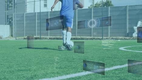 animation of scopes and data processing on screens over male football player running with ball