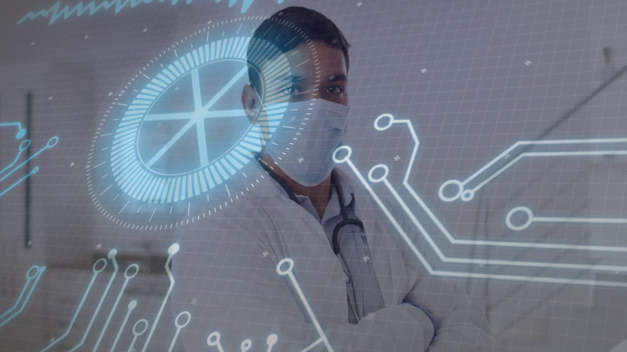Médico de pie en la clínica, iniciando una interfaz holográfica que anima superposiciones de rejillas de circuitos