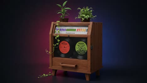 aesthetic fusion of nature and technology: a vintage styled record player adorned with lush greenery creating a harmonious atmosphere of music and life