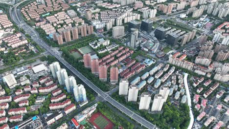 drone aerial view of buildings in rows skyline in the city