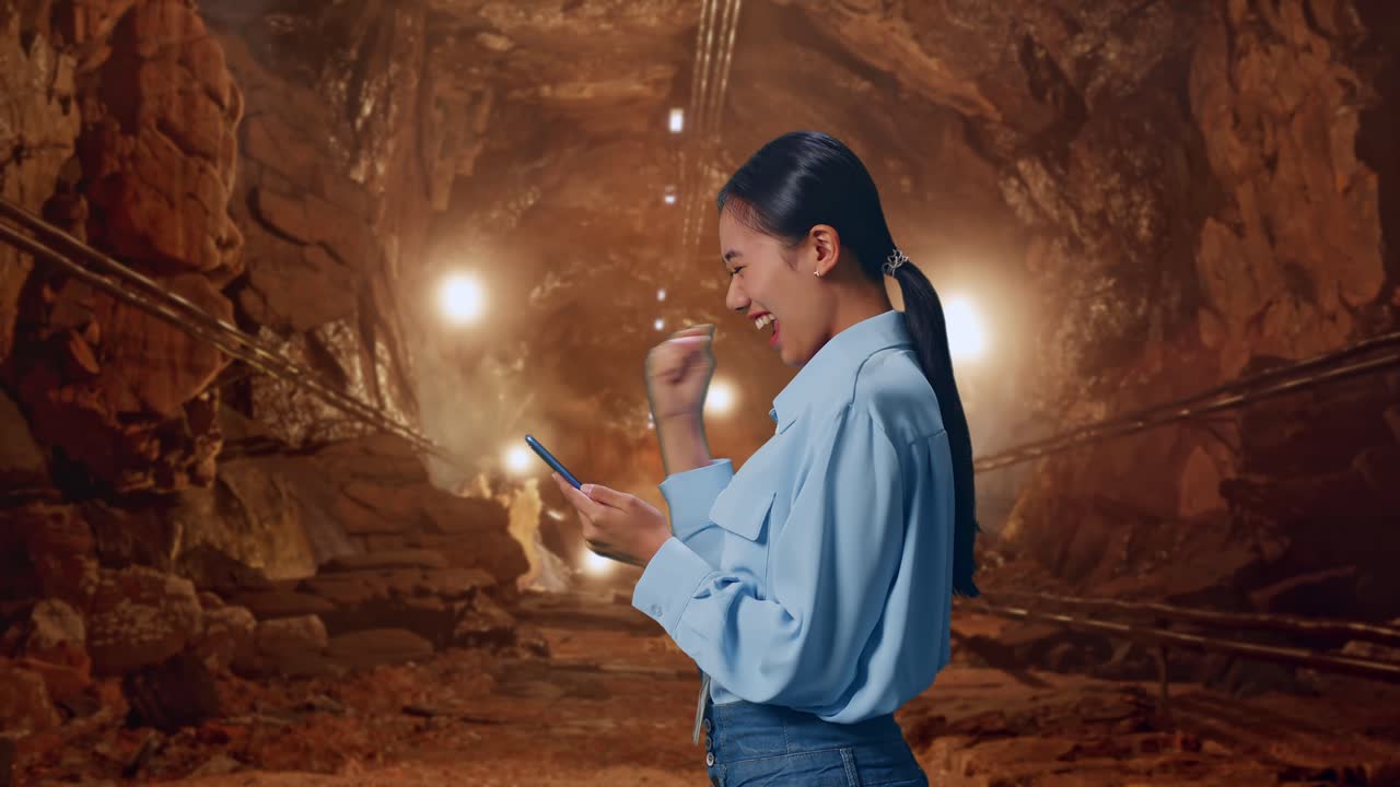 Side View Of Asian Female Professional Worker With Her Smartphone In Underground Mine Tunnel, She Raises Her Fist Up With Screaming Goal After Check On The Smartphone