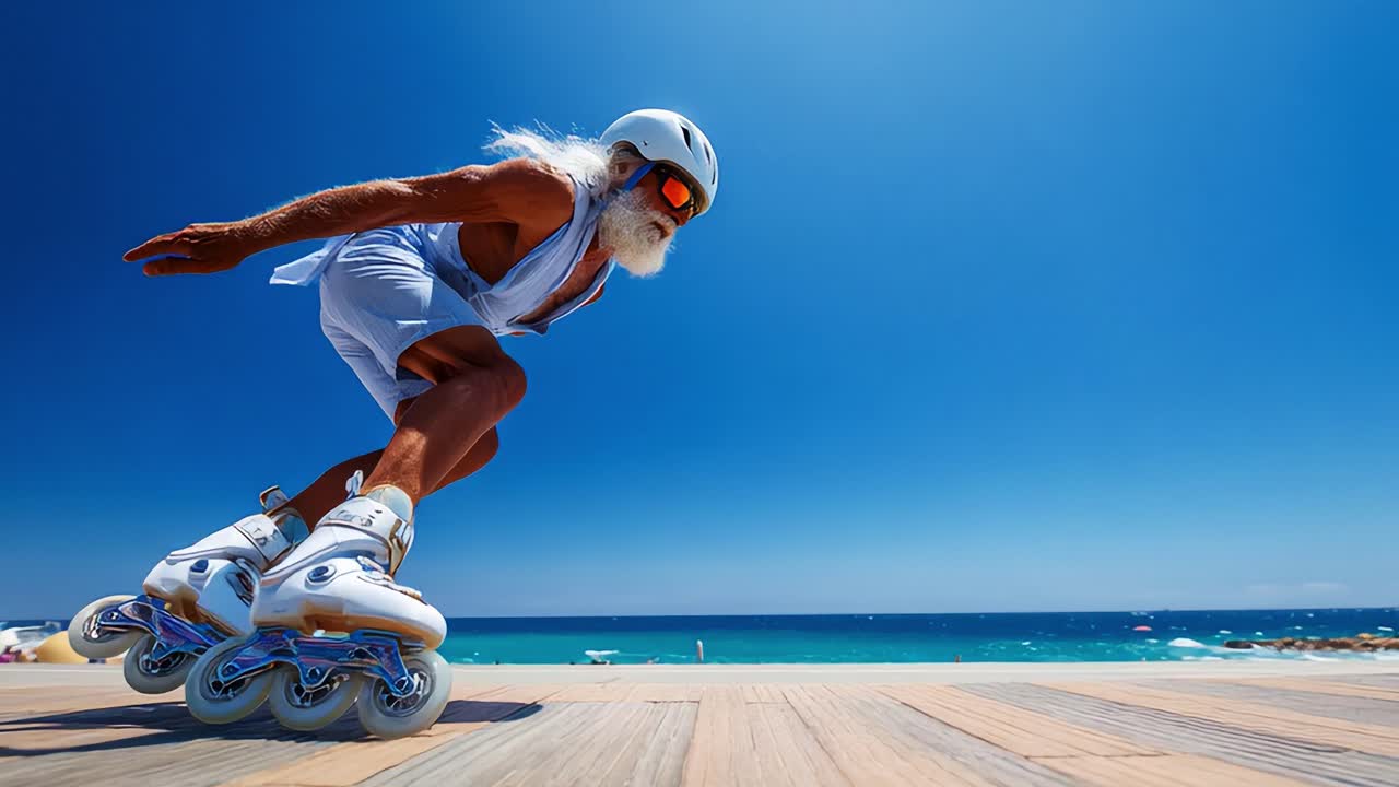 Dynamic Elderly Roller Skater Showcases Agility and Joy on a Stunning Beachfront Boardwalk with Vibrant Ocean Views and Clear Blue Skies