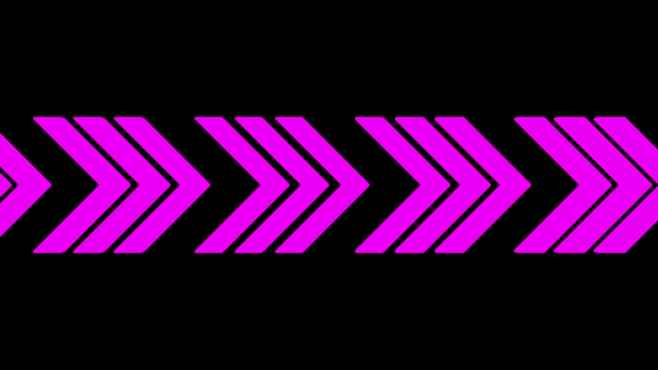 Frecce a chevron al neon rosa brillante si muovono all'indietro su uno sfondo nero in movimento cinetico.