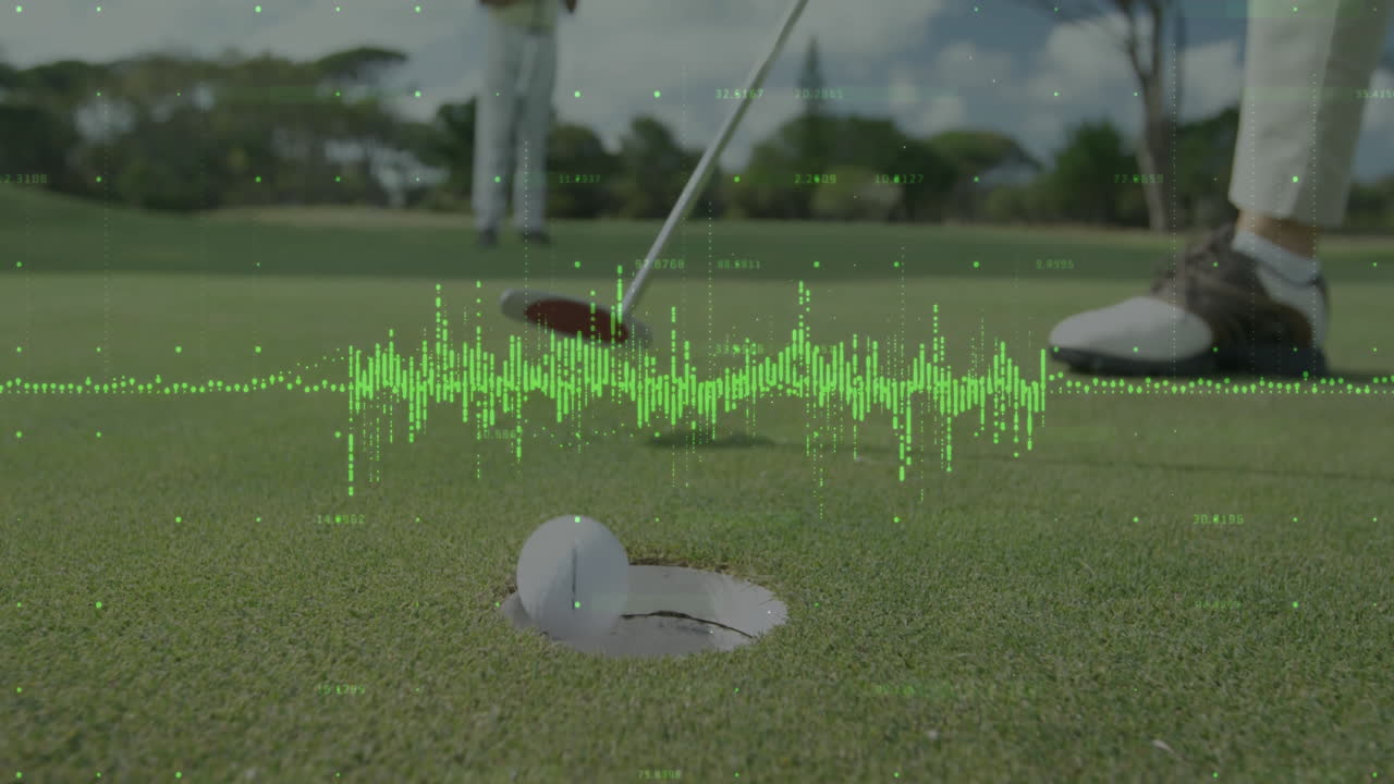 Female golfer lining up putt with putter and golf ball on green, showing technology waveform data