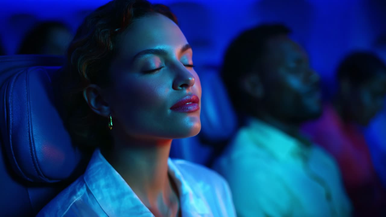 A Serene Moment Inside a Colorfully Lit Airplane Cabin, Focused on a Woman in a White Blouse with Her Eyes Closed, Indicating a Peaceful State Amidst Other Passengers Traveling Together
