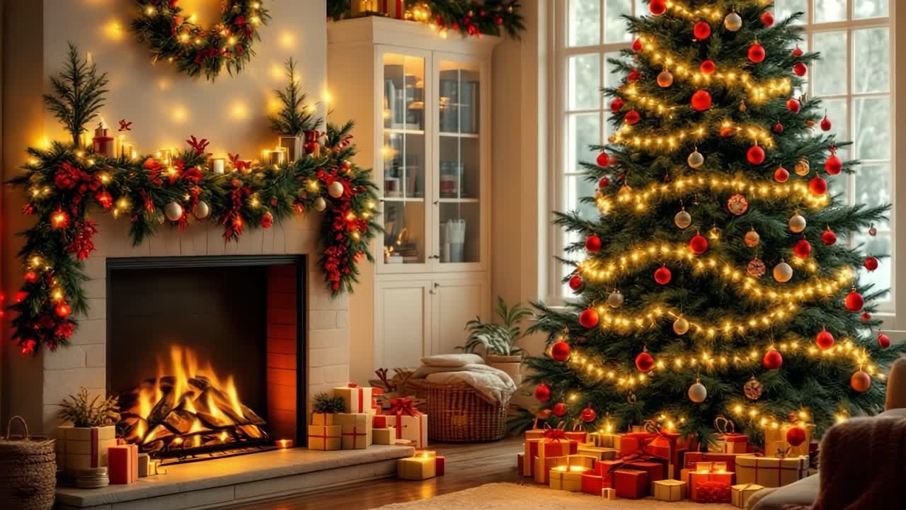 Warm Christmas atmosphere in a cozy living room with a decorated Christmas tree and a fireplace, creating a magical holiday mood