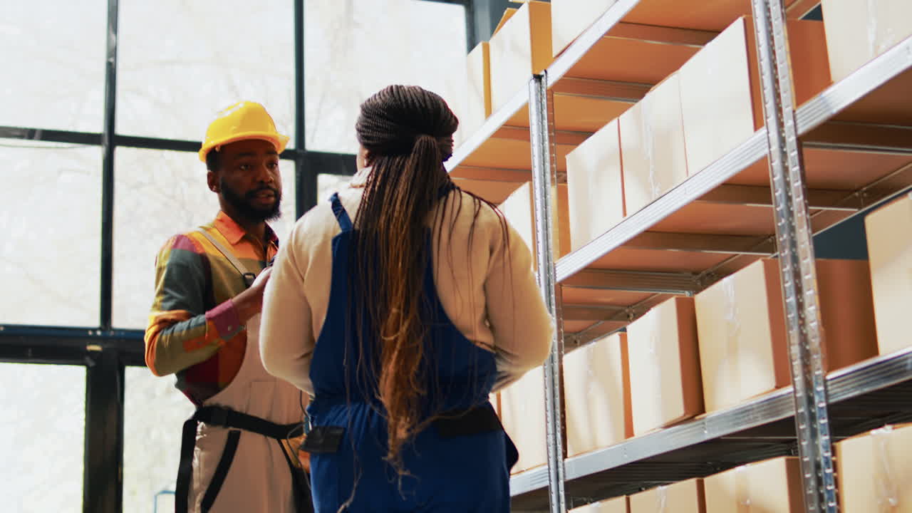 Warehouse workers organizing boxes on shelves