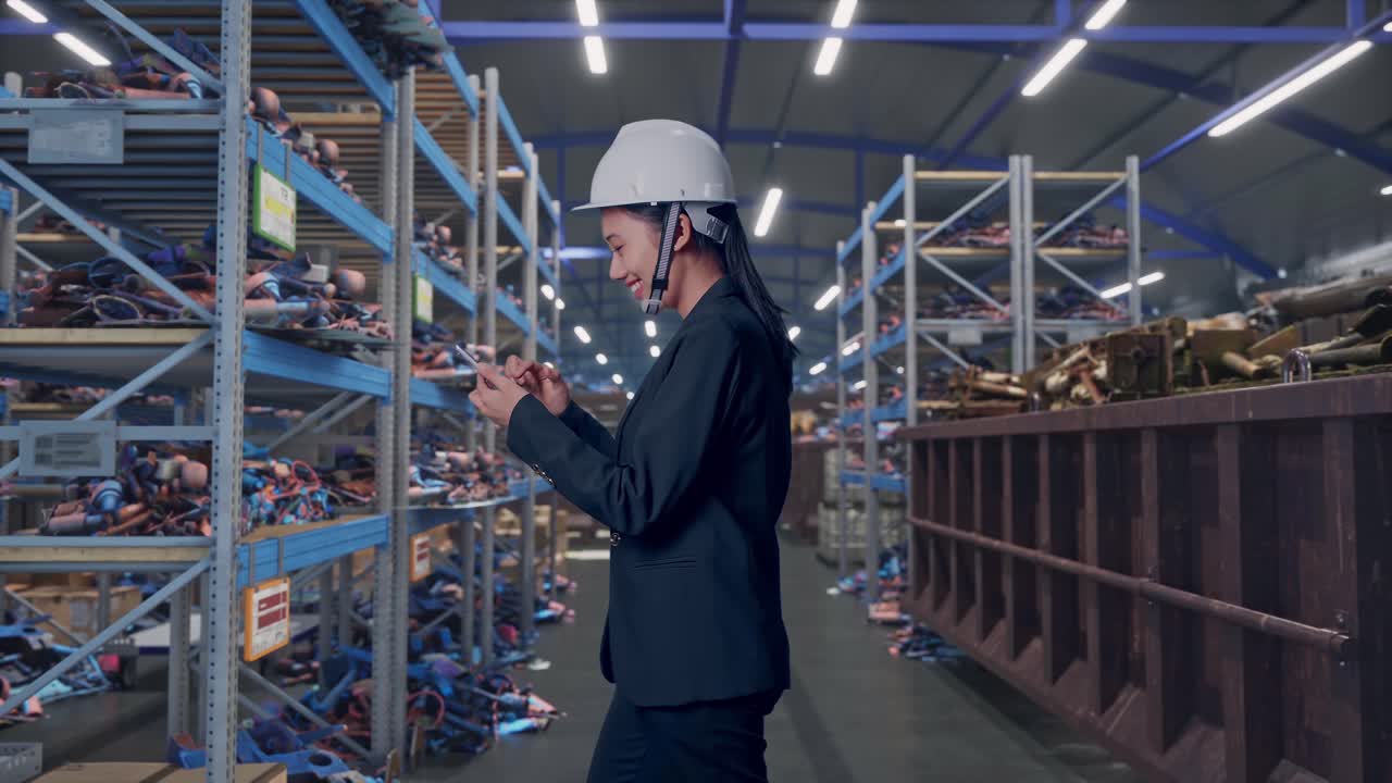 Vista laterale di una donna d'affari asiatica che usa lo smartphone mentre cammina in un magazzino industriale di rottami metallici e riciclaggio