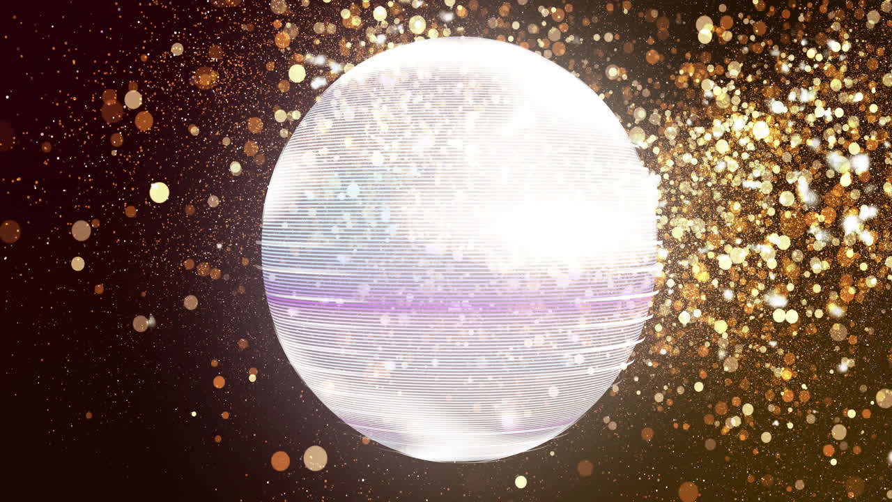 Glowing sphere with horizontal lines and golden particles, digital animation