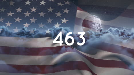 animation of counter numbers over clouds and flag of usa