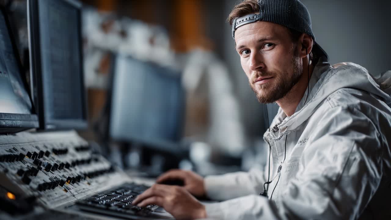 Focused Individual Engaged in Technical Work at Control Station, Highlighting Modern Equipment and Concentration on Task, Showcasing Professional Expertise and Digital Environment in Action