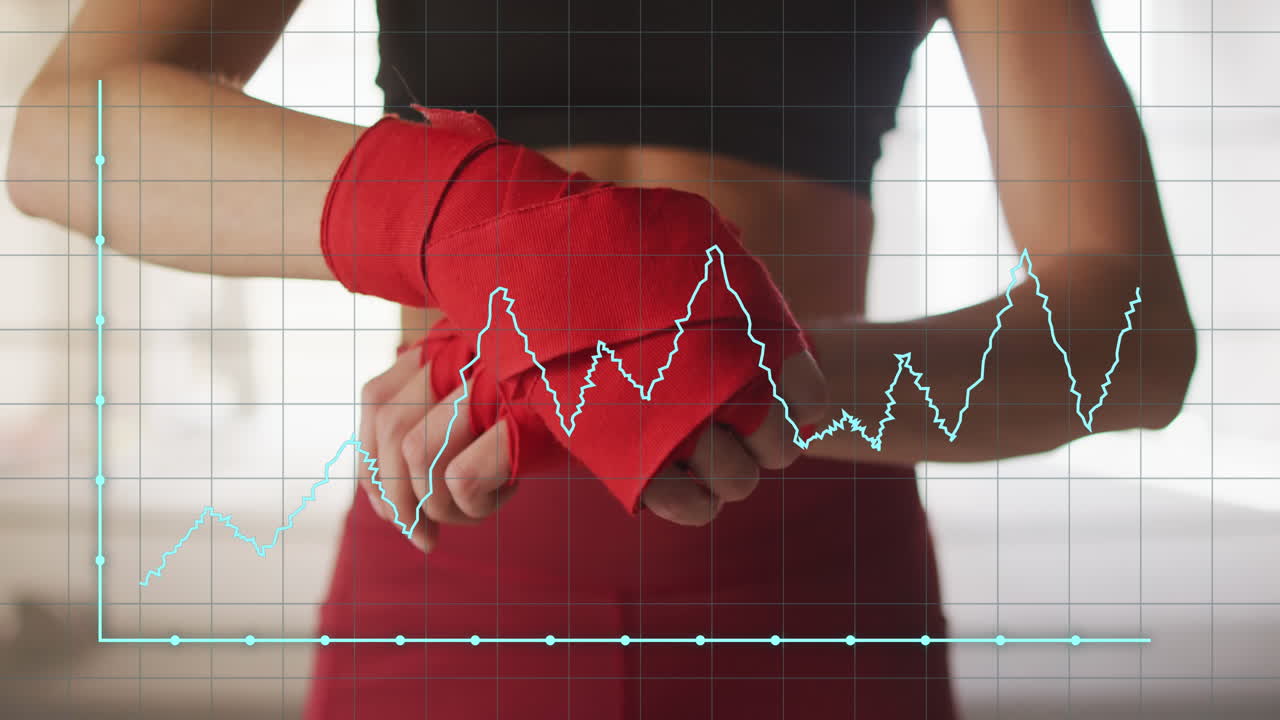 animación del procesamiento de datos sobre una mujer caucásica haciendo ejercicio en el gimnasio