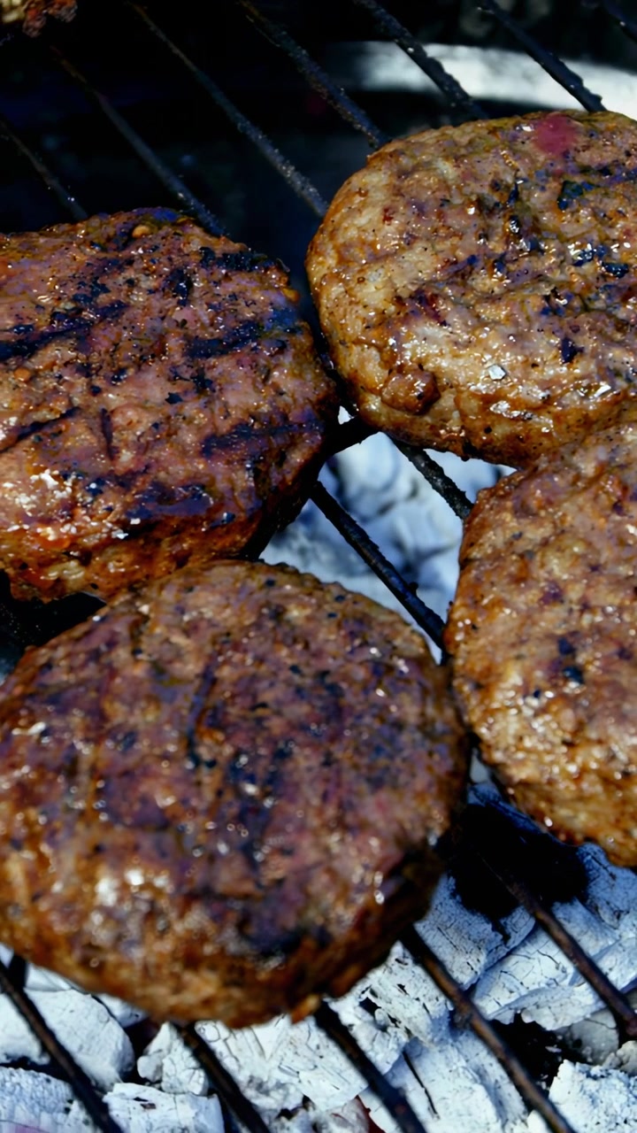 Vertical video: Coals lighting four beef patties, sizzling, charring to sear and brown, cam zooming