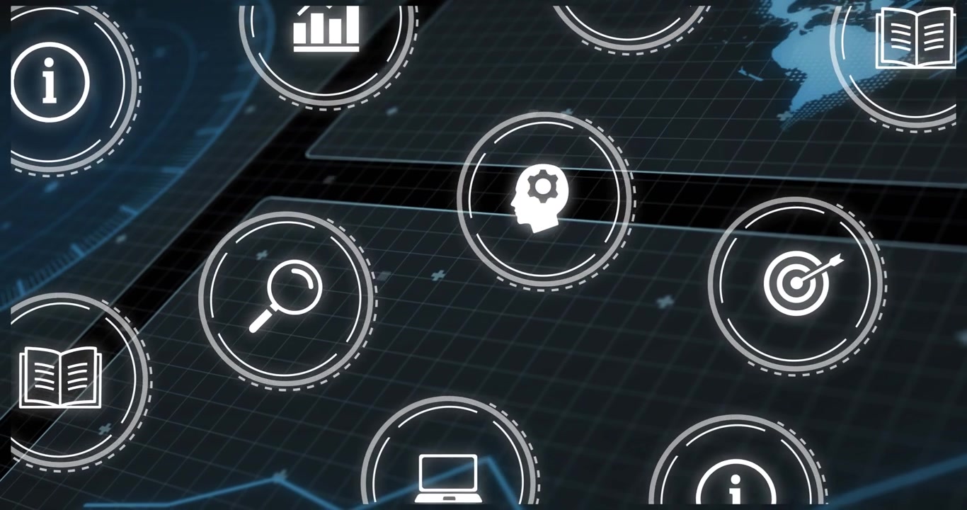 Grid initiating globe spinning, icons drifting, orbiting into cluster showing global network growth