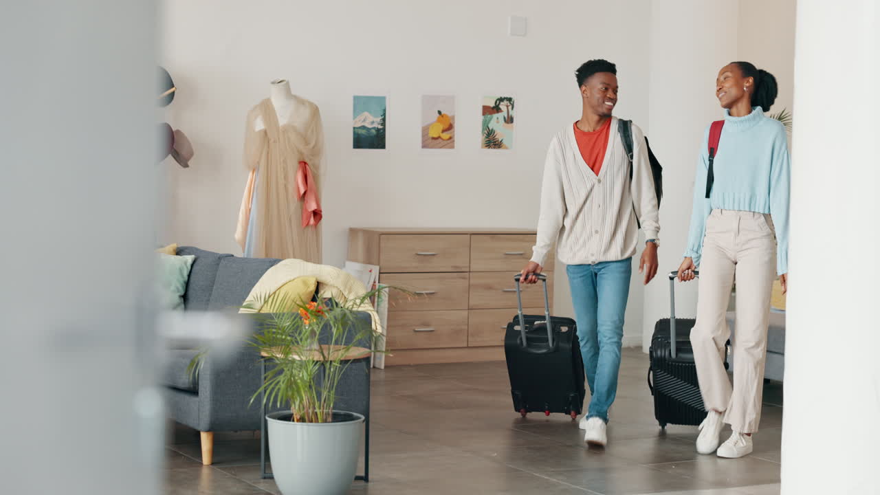 Travel, suitcase and couple leaving home on world