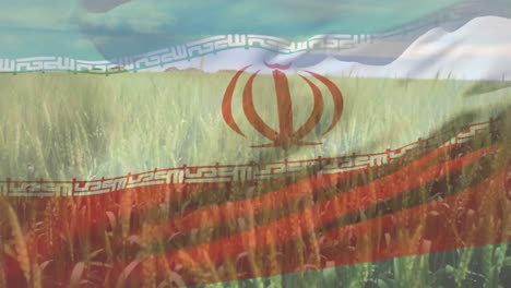 Digitale-Komposition-Der-Schwenkenden-Iranischen-Flagge-Vor-Der-Nahaufnahme-Von-Feldfrüchten-Auf-Dem-Bauernhof