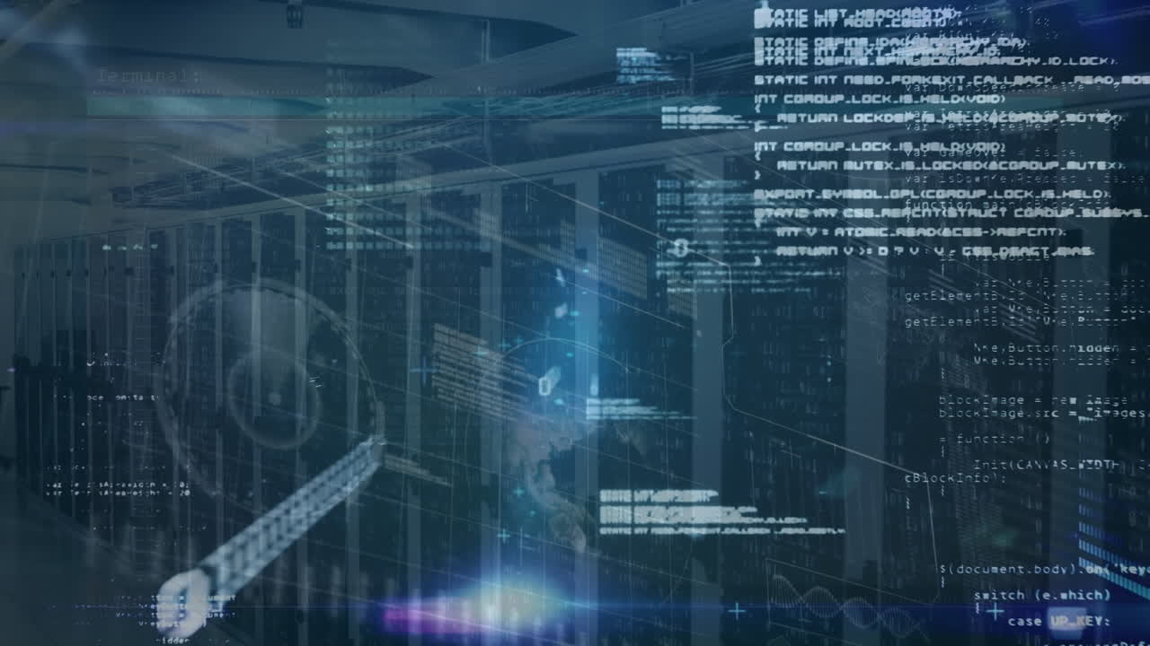Animation of blue light trails and data processing against empty computer server room