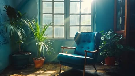 a blue chair sitting in front of a window next to a wooden floor